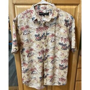 Men’s Sunday Work Clothes Button Hawaiian Shirt L.Beige Floral Short Sleeve.euc